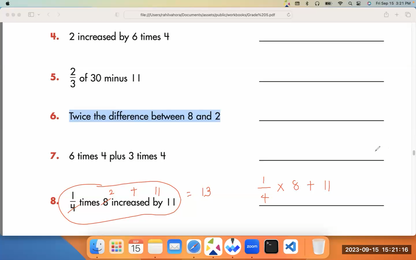 A student’s math assignment with handwritten steps working through a problem.